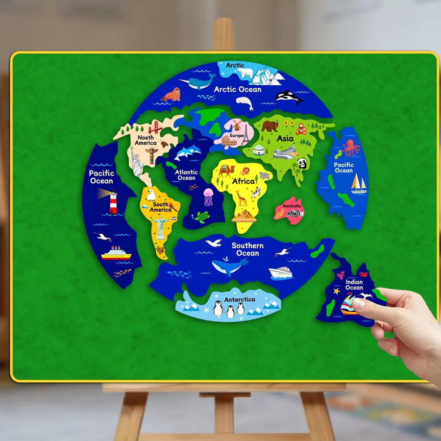 Kids Education World - Çocuklar İçin Keçe Dünya Haritası Yapbozu,